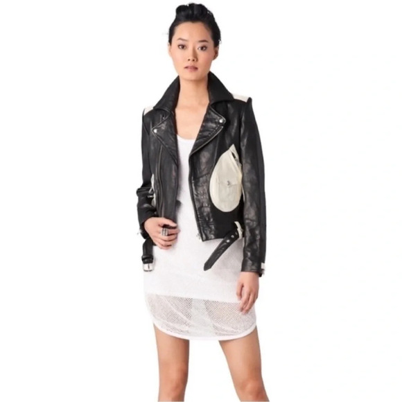 IRO Scottsdale Lamb Leather Moto Jacket Black & White - Picture 1 of 11